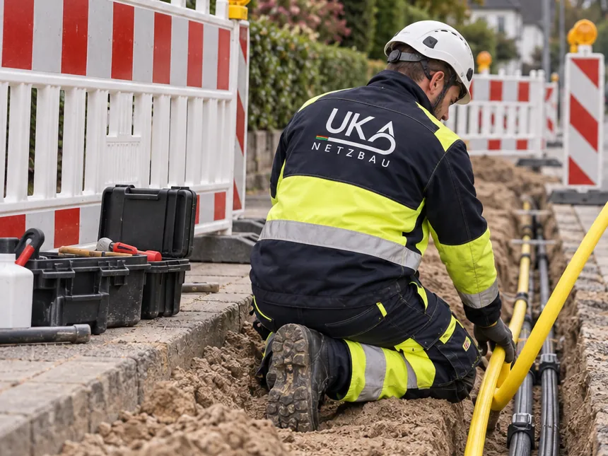 Monteur von Uka Netzbau verlegt ein Speedpipe-Rohr im Graben