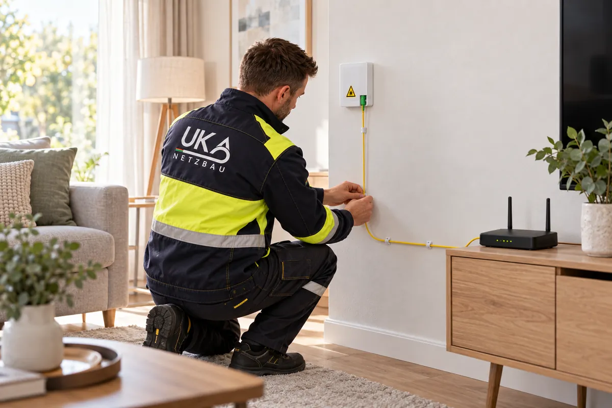 Monteur von Uka Netzbau schließt die Glasfaser-Dose in einer Wohnung an